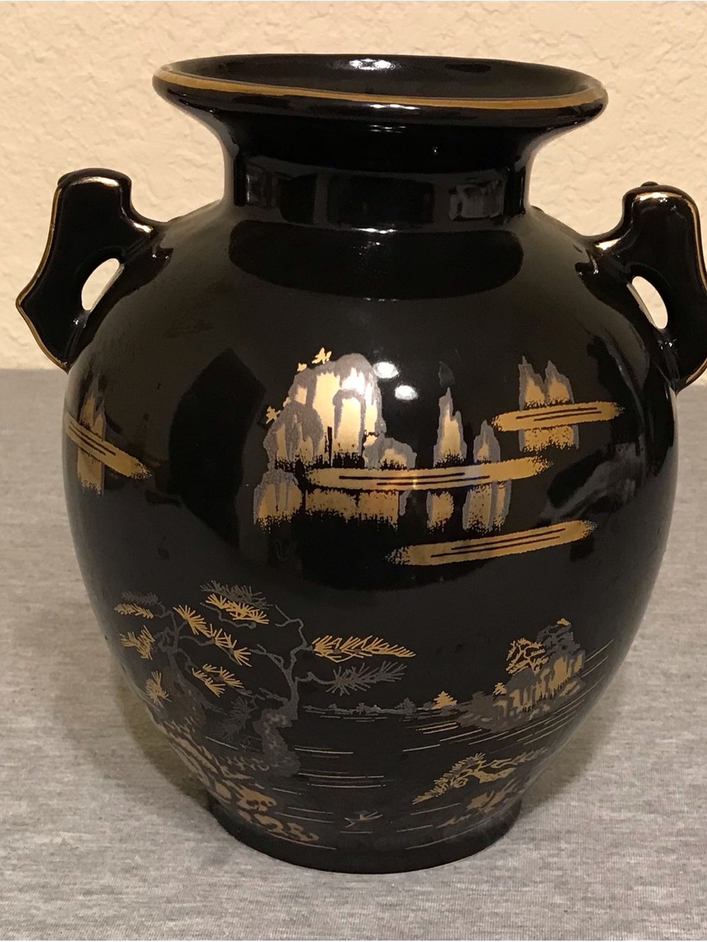 Vintage Japanese Black Lacquer Vase 8.5” Double Handle Vase Decor Made in Japan